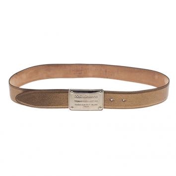 Dolce and Gabbana Gold Metallic Leather Logo Plaque Skinny Belt 85CM