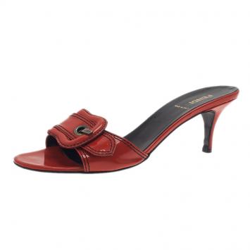 Fendi Red Leather B Buckle Slides Size 38