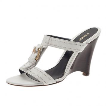 Fendi White Leather Buckle Slides Size 37.5