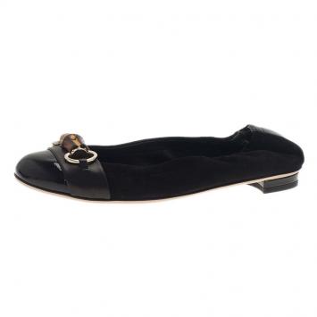 Gucci Black Patent Leather and Suede Bamboo Horsebit Ballet Flats Size 38