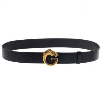 Gucci Black  Leather Horse Head G Buckle Belt 95CM