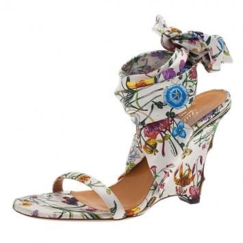 Gucci Flora Satin Ankle Strap Wedge Sandals Size 38
