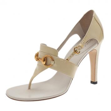 Gucci Cream Patent Horsebit Thong Sandals Size 36