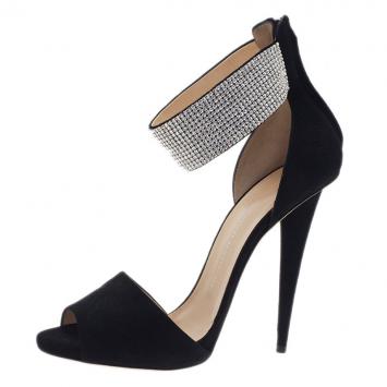 Giuseppe Zanotti Black Crystal Embellished Suede Ankle Strap Sandals Size 41