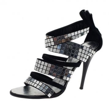 Giuseppe Zanotti Black Suede Mirror Strappy Sandals Size 39.5