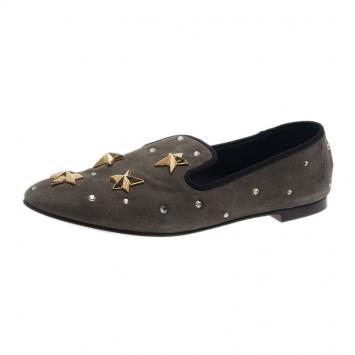 Giuseppe Zanotti Grey Suede Star Studded Smoking Slippers Size 40.5