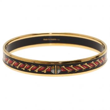 Hermes Narrow Printed Enamal Robe Design Gold-Plated Bracelet