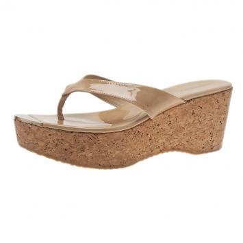 Jimmy Choo Beige Patent Leather Pathos Thong Cork Wedge Slides 41