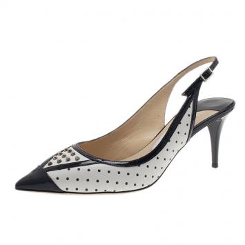 Jimmy Choo Black and White Studded Leather Dutch Slingback Sandals Size 38