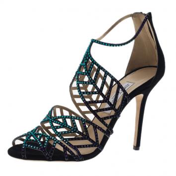 Jimmy Choo Black Crystal Kallai Suede Leaf Sandals Size 39.5