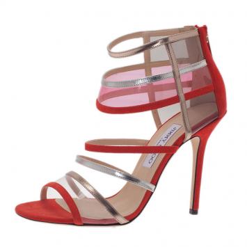 Jimmy Choo Red Multicolor Suede and Perspex Maitai Sandals Size 39.5