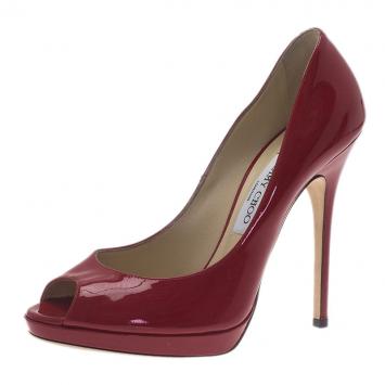 Jimmy Choo Red Patent Luna Peep Toe Pumps Size 39 