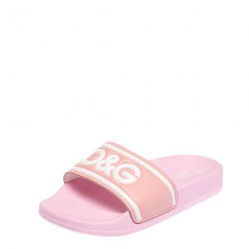 Pre Owned Dolce & Gabbana Pink Leather/Rubber I LOVE D&G Flat Slides Size IT 34 (Kids)