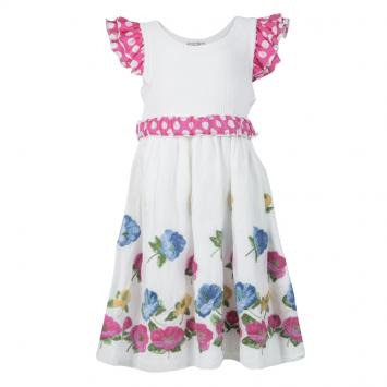 Pre Owned Monnalisa White Cotton Ruffle Detail Belted Floral Embroidered Dress 6 Yrs