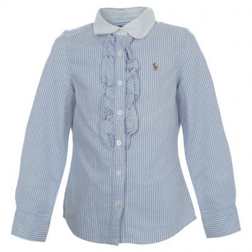 Pre Owned Ralph Lauren White and Blue Striped Cotton Ruffle Detail Long Sleeve Shirt 6 Yrs