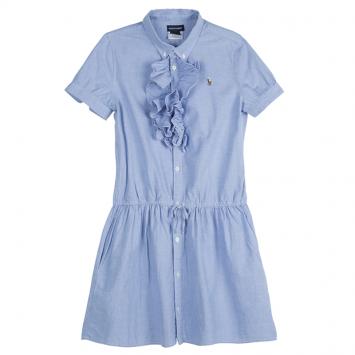 Pre Owned Ralph Lauren Blue Ruffle Detail Buttondown Cotton Dress 14 Yrs