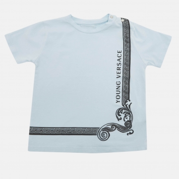 Pre Owned Versace Kids Blue Barocco Logo Graphic Jersey T-Shirt 24 M 