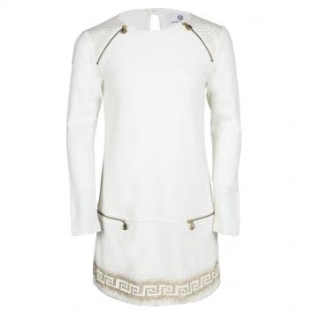 Pre Owned Young Versace White Knit Gold Studded Zip Detail Long Sleeve Dress XXS / 8 Yrs