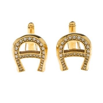 Pre Owned Aigner Logo Crystal Gold Tone Cufflinks