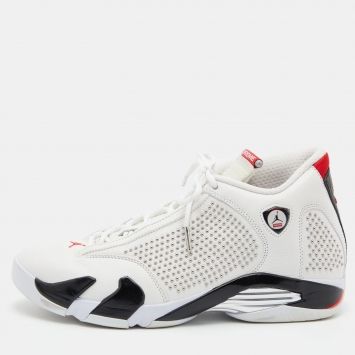 Pre Owned Air Jordans x Supreme White/Black Leather 14 Retro Sneakers Size 45