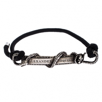 Pre Owned Alexander McQueen Silver Tone Logo Skull Snake Bar Bracelet