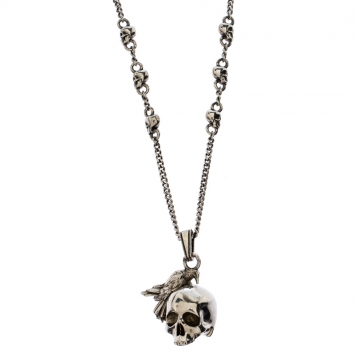 Pre Owned Alexander McQueen Silver Tone Raven And Skull Pendant Necklace