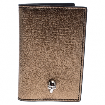 Pre Owned Alexander McQueen Gold Leather Skull Bifold Card Holder