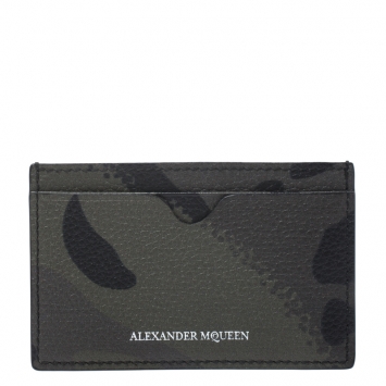 Pre Owned Alexander McQueen Green Camo Dancing Skeleton Leather Card Holder