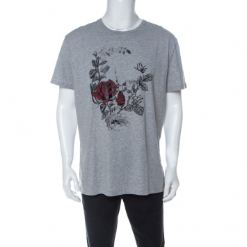 Pre Owned Alexander McQueen Grey Rose Printed Cotton  T-Shirt XXL 