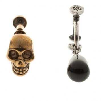 Pre Owned Alexander McQueen Gold Tone Skull & Silver Tone Black Drop Set of 2 Earrings 