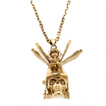 Pre Owned Alexander McQueen Oriental Samurai Skull Crystal Studded Gold Tone Necklace