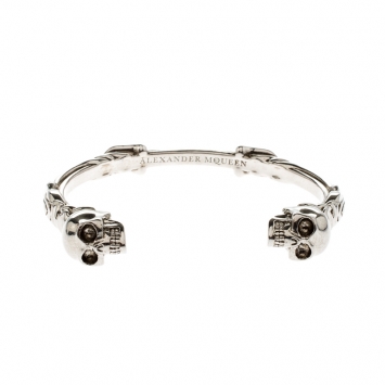 Pre Owned Alexander McQueen Twin Skull Silver Tone Open Cuff Bracelet