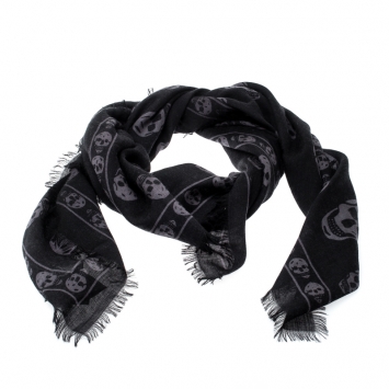 Pre Owned Alexander McQueen Black & Grey Skull Print Cashmere Scarf