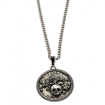 Pre Owned Alexander McQueen Crow & Skull Motif Medallion Silver Tone Long Necklace