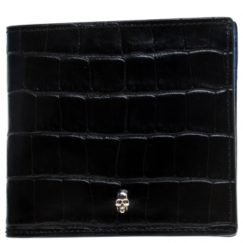 Pre Owned Alexander McQueen Black Croc Embossed Leather Bi Fold Wallet