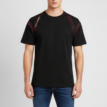 Pre Owned Alexander McQueen Black Cotton Logo Taping Harness T-Shirt XL
