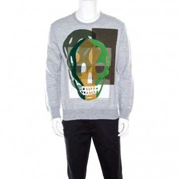 Pre Owned Alexander McQueen Grey Flocked Skull Print Sweatshirt L