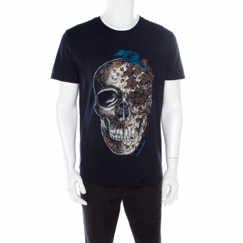 Pre Owned Alexander McQueen Navy Blue Skull and Ivy Printed Cotton T-Shirt L