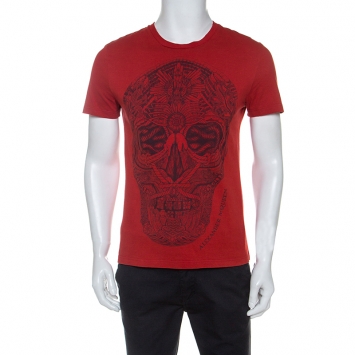 Pre Owned Alexander McQueen Red Skull Printed Cotton Crew Neck T-shirt S