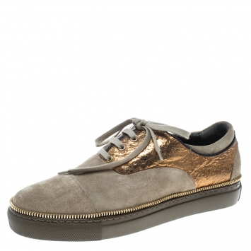 Pre Owned Alexander Mcqueen Khaki/Gold Suede and Leather Chain Embellished Sneakers Size 41