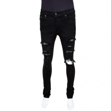 Pre Owned Amiri Black Distressed Denim Crystal Patch Jeans M