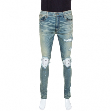 Pre Owned Amiri Dirty Indigo Distressed Denim Bandana Patch Jeans L