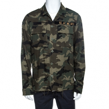 Pre Owned Amiri Green Camo Print Cotton Raw Edge Distressed Military Shirt L