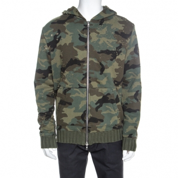 Pre Owned Amiri Green Camouflage Print Knit Distressed Shotgun Hoodie L