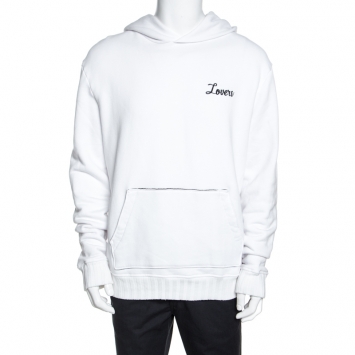 Pre Owned Amiri White Lovers Embroidered Cotton Hooded Sweatshirt L