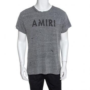 Pre Owned Amiri Grey Logo Print Distressed Cotton T-Shirt M