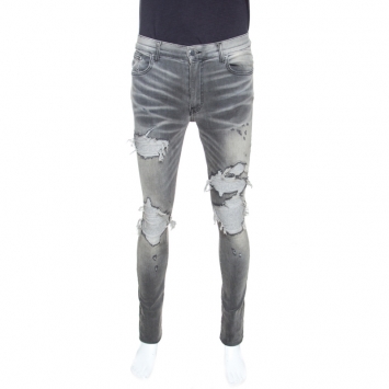 Pre Owned Amiri Grey Washed & Distressed Denim Fitted Jeans M