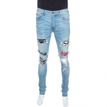 Pre Owned Amiri Blue Washed Denim Art Patch Distressed Jeans S