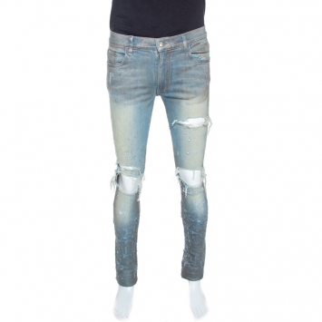 Pre Owned Amiri Two Toned Metallic Finish Denim Distressed Jeans M