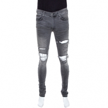 Pre Owned Amiri Grey Light Washed Denim Distressed Jeans M